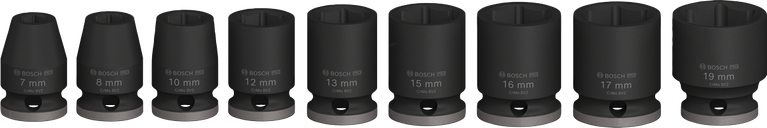 Conjunto de soquetes de impacto Bosch PRO de 3/8 pol., 9 peças, tamanhos variados.